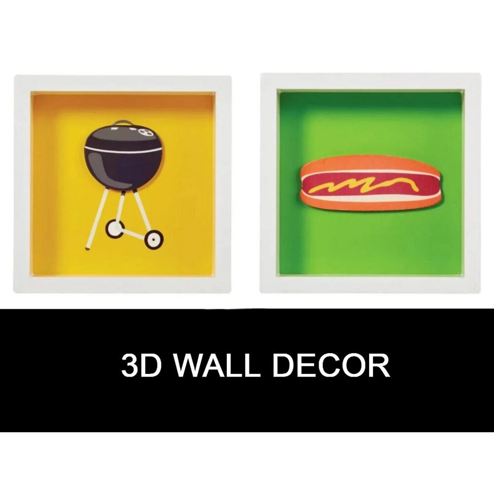 2 Wood Frames Wall Decor - 3D Grill and Hot Dog 5 x 5"